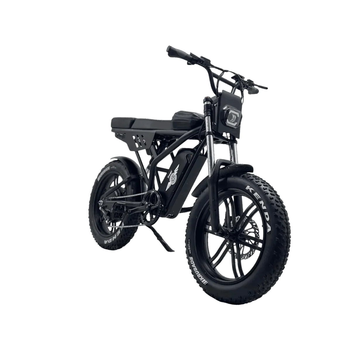 eMOTO Freego Shotgun F2 Pro Max Prime Fat Tire electric bike, side view, black frame, thick tires, displayed outdoors on pavement