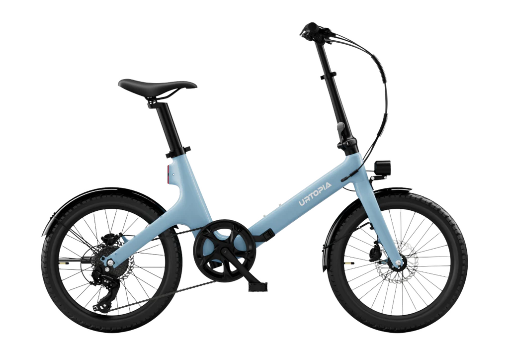 Urtopia Carbon Fold Step Thru eBike in Glacier Blue, side view, folded position, white background