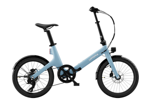 Urtopia Carbon Fold Step Thru eBike in Glacier Blue, side view, folded position, white background