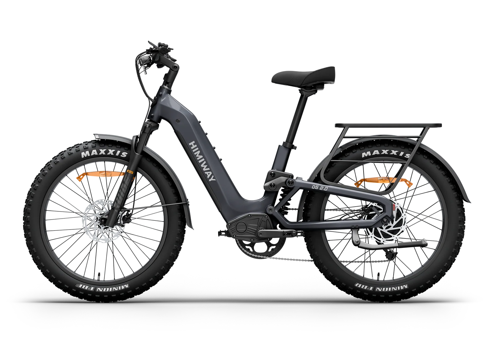 Side view of the Himiway D5 2.0 ST eBike in space grey, showcasing its step-through frame, battery, and tires against a plain background.