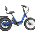 Electric blue Velotric Triker eTrike shown from side view, featuring three wheels, ergonomic seat, and modern frame design.