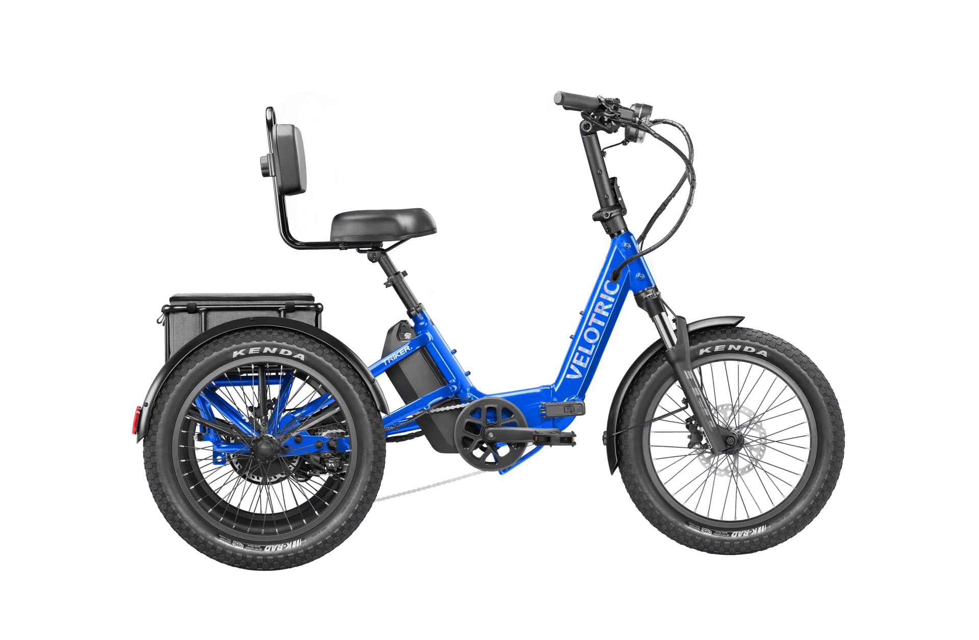 Electric blue Velotric Triker eTrike shown from side view, featuring three wheels, ergonomic seat, and modern frame design.