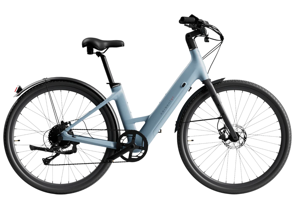 Urtopia Carbon Classic Step Thru eBike in Glacier Blue, side view, showcasing lightweight carbon frame and modern design