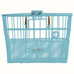 Retrospec Apollo steel bike basket in cool mint color attached to an eBike