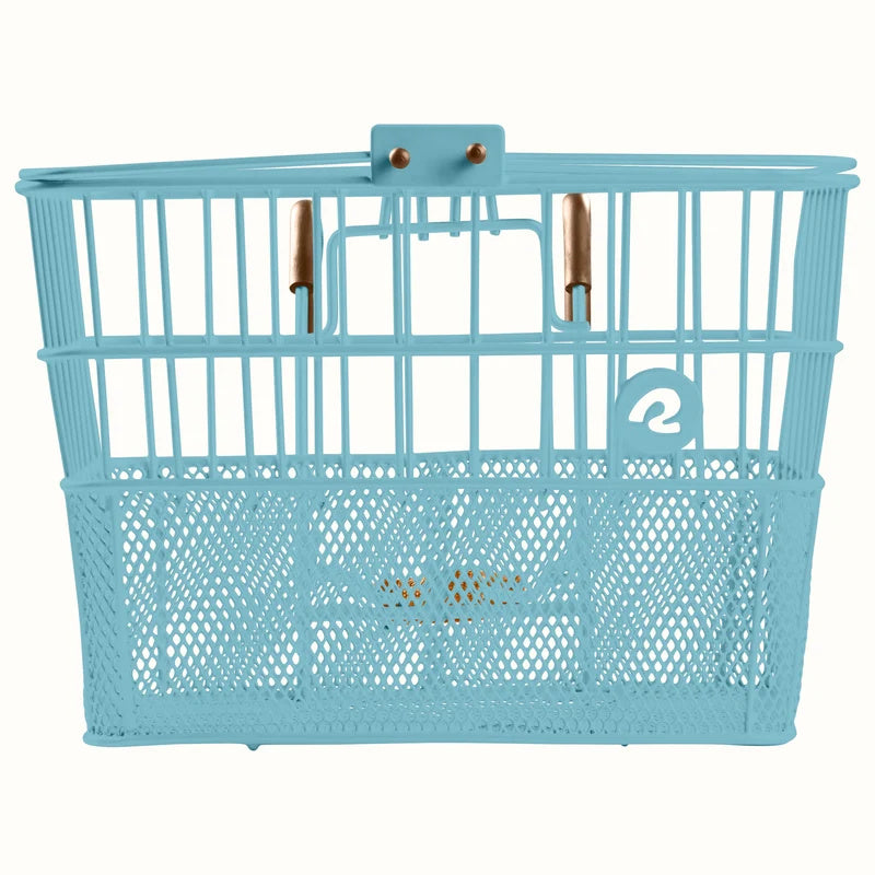 Retrospec Apollo steel bike basket in cool mint color attached to an eBike