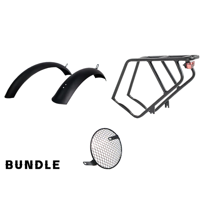 Black metal rear rack mounted on a Revi Cheetah electric bike, shown from a side angle against a white background.
