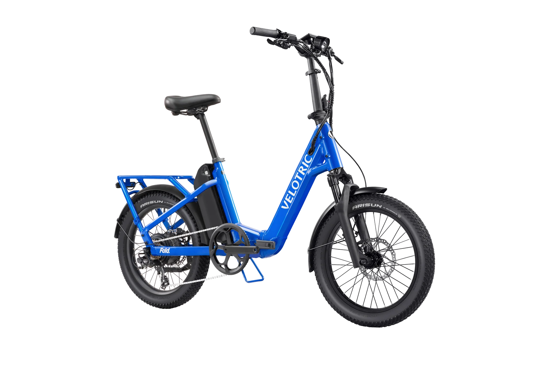 Electric blue Velotric Fold 1 Plus eBike, folded, side view, showcasing compact design and modern frame.
