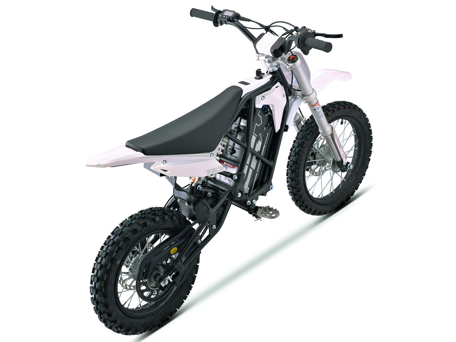 Side view of the eMOTO Stomp Ebox V3 60 electric dirt bike, showcasing its frame, wheels, and suspension system.