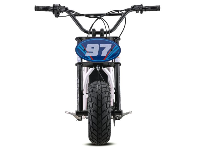 White eMOTO EBOX Dragster electric dirt bike, side view, on plain background