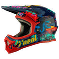 O'Neal 1 SRS eMOTO Helmet in Rex Multi design, XL Youth size, side view showing colorful graphics and ventilation features