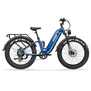 Blue Freesky Wild Cat Ultra A-340 electric bike, side view, showcasing sturdy frame and fat tires