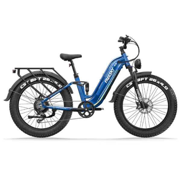 Blue Freesky Wild Cat Ultra A-340 electric bike, side view, showcasing sturdy frame and fat tires