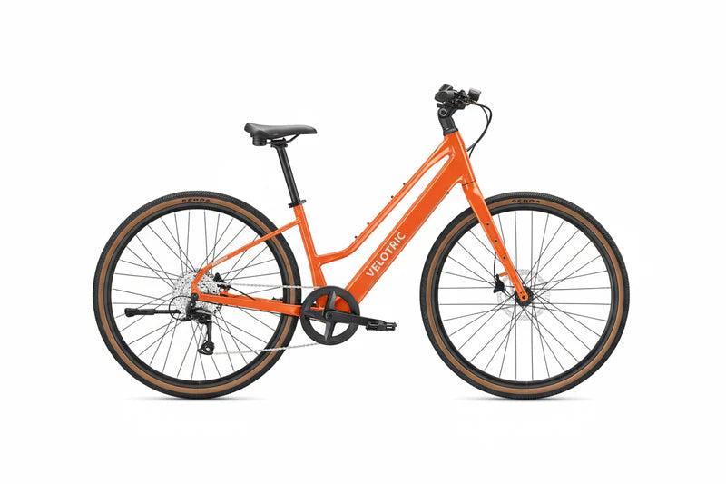 Velotric Tempo eBike in Sunset Tangerine color, mid-step frame, side view product image
