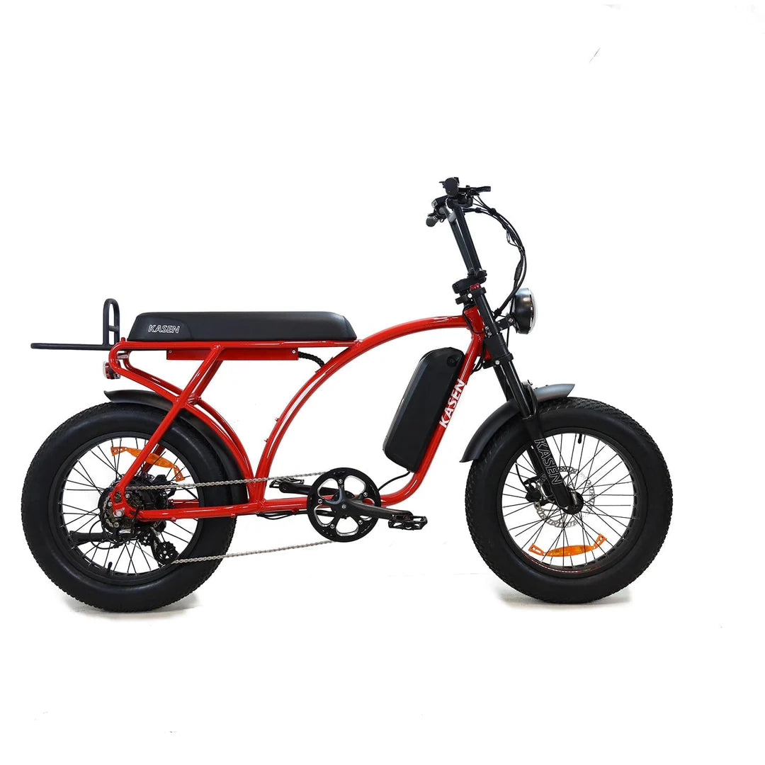 Red Kasen Kabbit Classic eBike side view, showing step-through frame, black seat, and front basket against a white background.