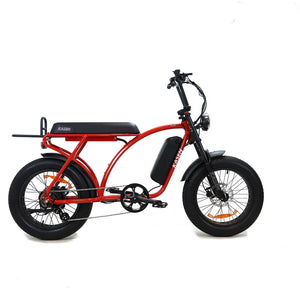 Red Kasen Kabbit Classic eBike side view, showing step-through frame, black seat, and front basket against a white background.