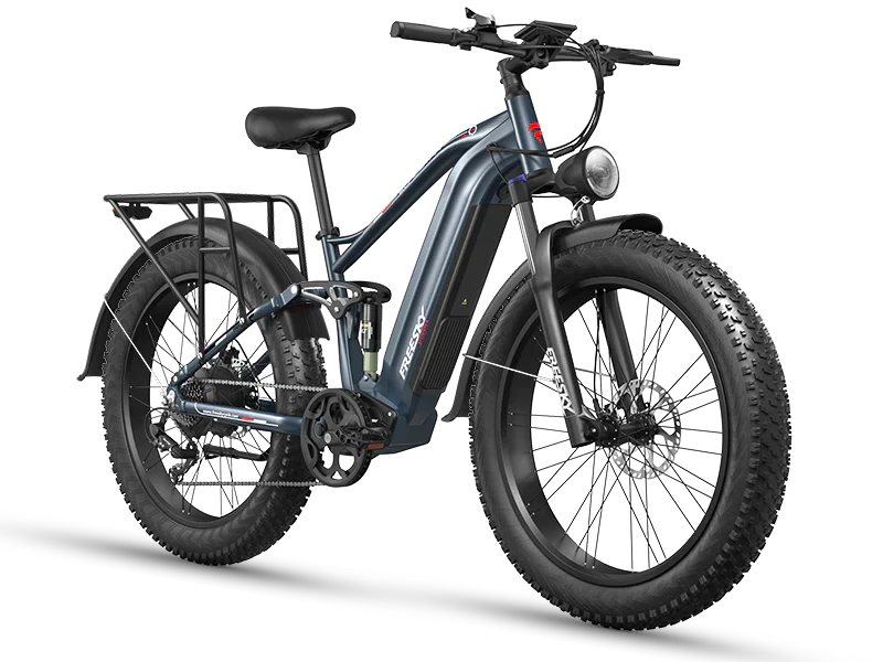 A black Freesky Eurostar Ultra M-410 eBike with a step-through frame, front suspension fork, rear rack, and fat tires, displayed on a white background.
