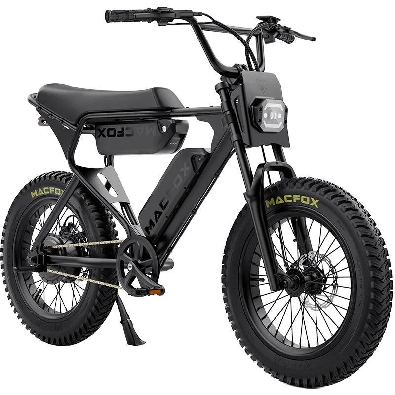 Side view of the Macfox X1S eBike with dual battery setup, showcasing its sturdy frame, large tires, and modern design against a plain background.