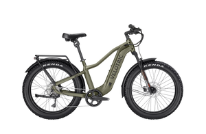 Olive green Velotric Nomad 2 eBike, high step frame, large size, side view on white background