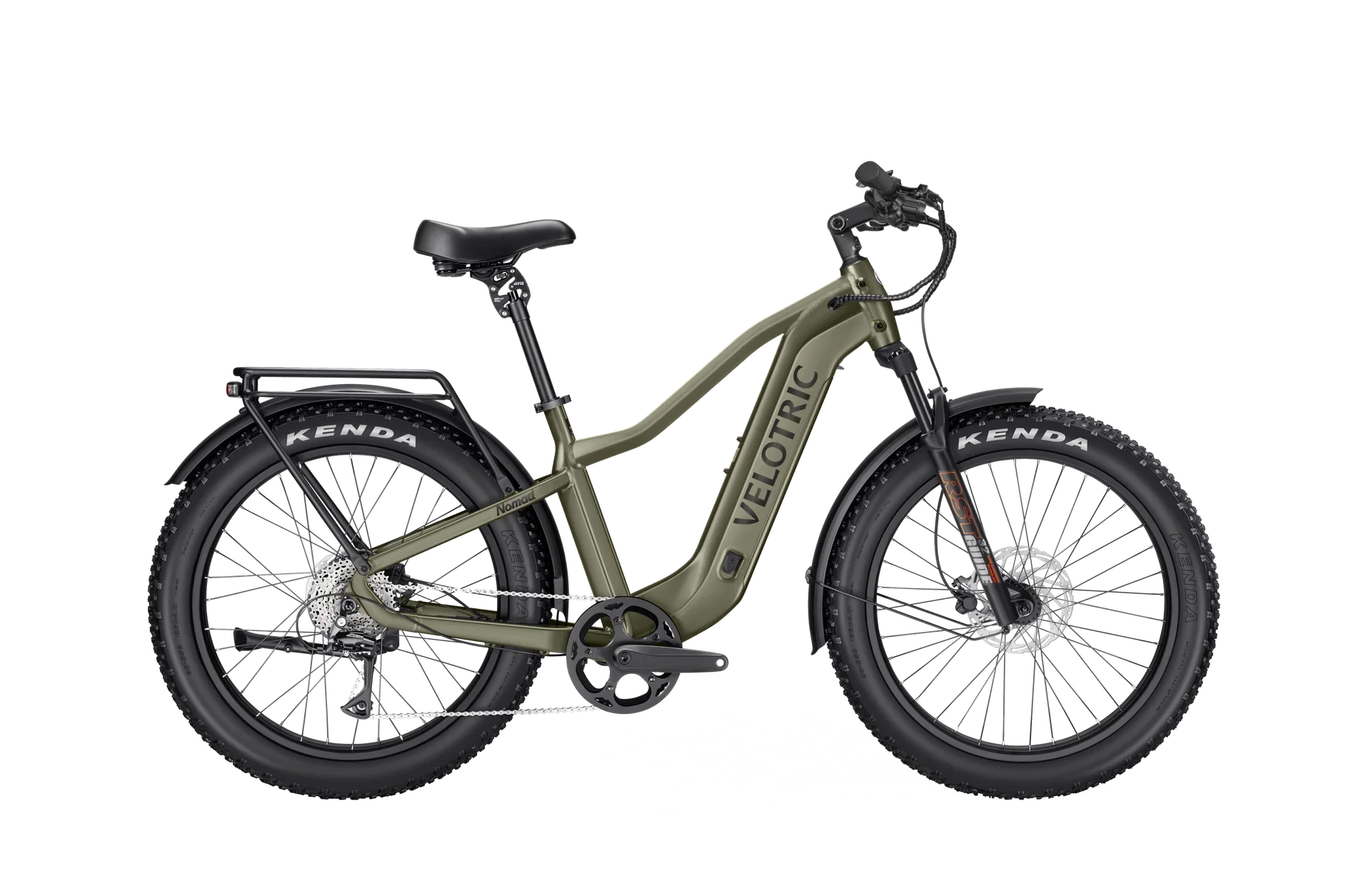 Olive green Velotric Nomad 2 eBike, high step frame, large size, side view on white background
