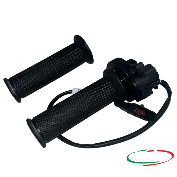 Product image of the eMoto Throttle featuring the Domino Full Twist Throttle with a 3-pin connector, shown in a close-up view.