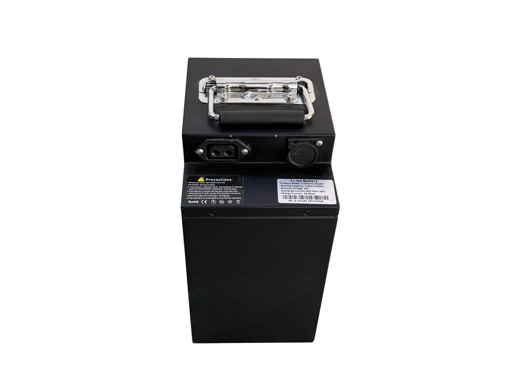 Close-up view of the eMOTO Yozma IN 10 Pro battery part, showing the battery's label, connectors, and casing design.