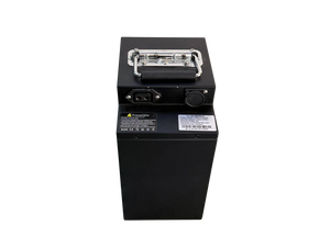 Close-up view of the eMOTO Yozma IN 10 Pro battery part, showing the battery's label, connectors, and casing design.