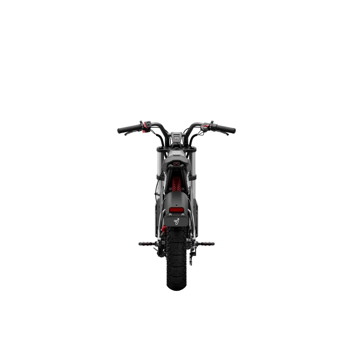 Side view of the eMOTO Segway Xyber electric bike parked outdoors, showcasing its rugged frame, large tires, and modern design features.