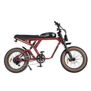 Red eMOTO eBike Revi Cougar Pro electric bicycle, side view, against a white background