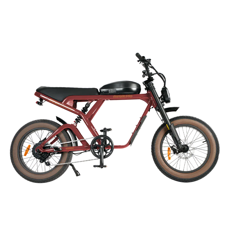 Red eMOTO eBike Revi Cougar Pro electric bicycle, side view, against a white background