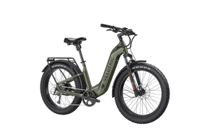 A side view of the Velotric Nomad 2 eBike in yellow, showing its sturdy frame, wide tires, and integrated battery.