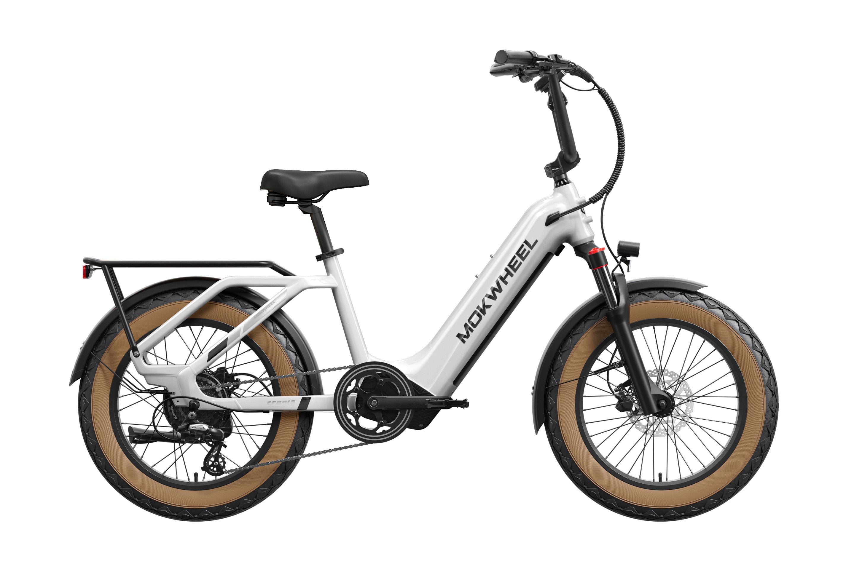 White Mokwheel Scoria 2.0 electric bike, side view, against a plain background