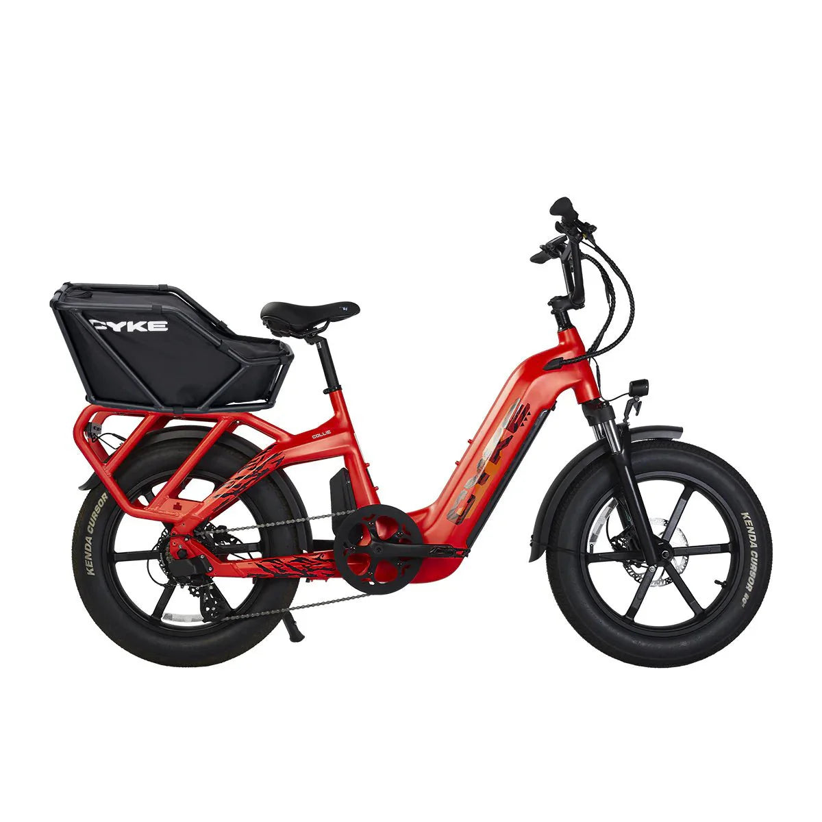 A black CYKE Collie Cargo electric cargo eBike with 48v 750w motor and mini fat tires, shown from the side with a sturdy rear cargo rack.