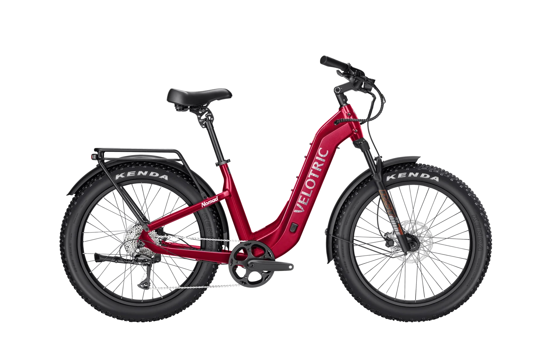 Velotric Nomad 2 eBike in cranberry color, step-thru frame, regular large size, side view