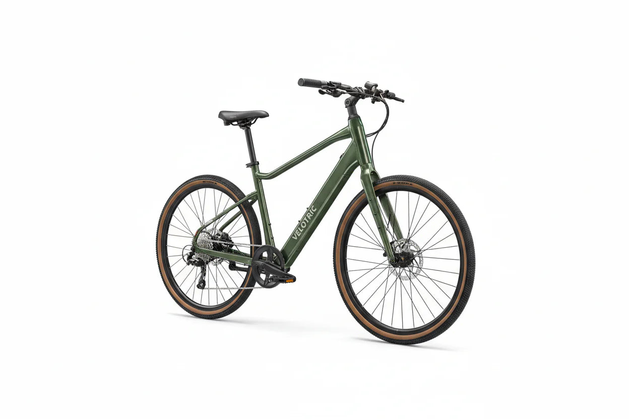 Side view of the Velotric Tempo eBike in a studio setting, showcasing its step-through frame, rear rack, and upright handlebars.