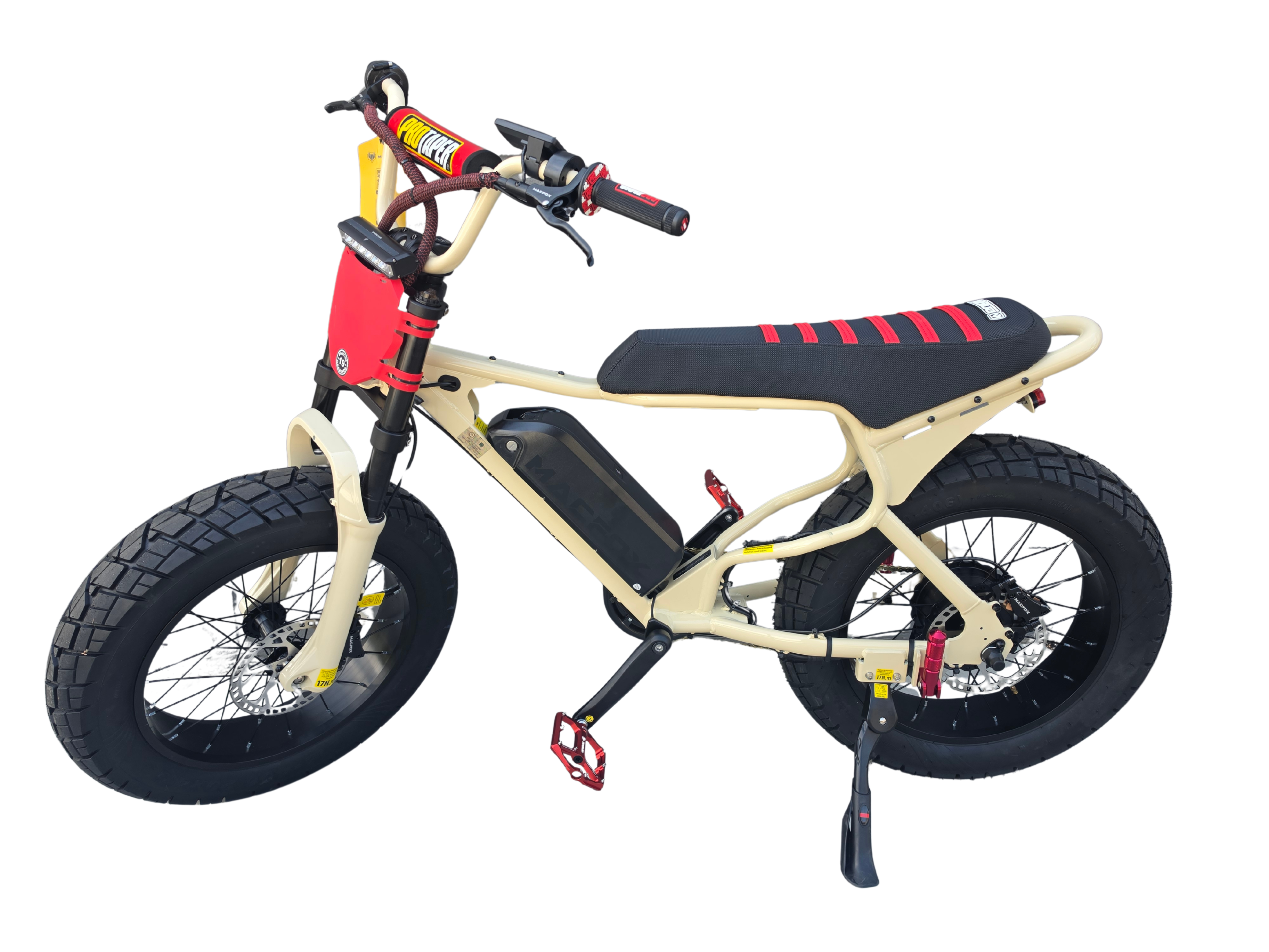 Macfox X7 custom eBike in Baja Red, side view, displayed against a plain background