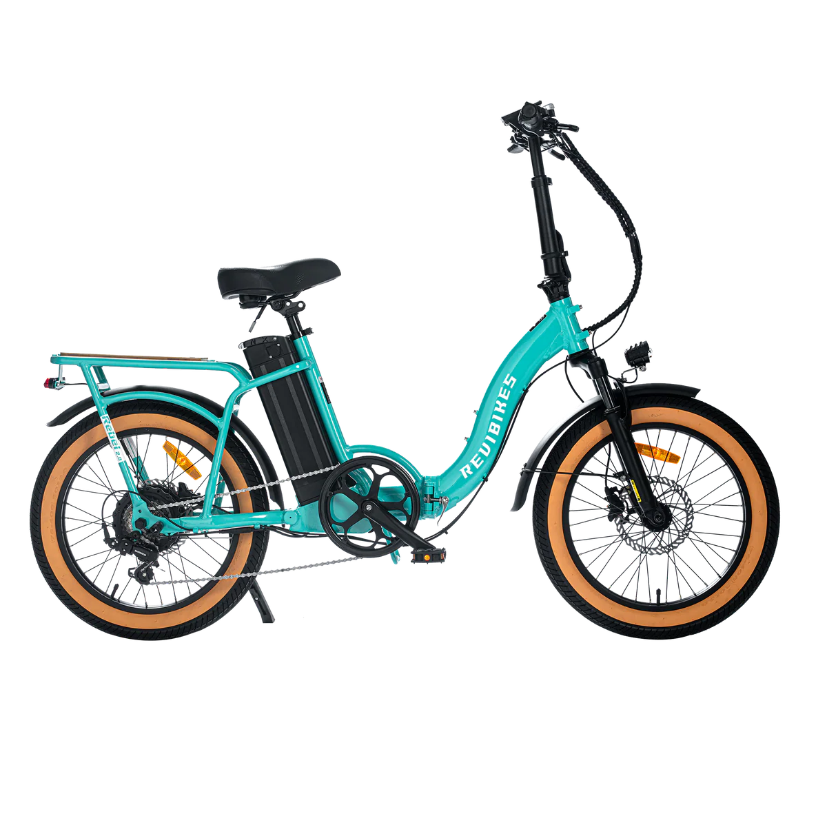 Turquoise eBike Revi Rebel.2 electric bicycle, side view, showcasing frame design and features