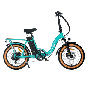 Turquoise eBike Revi Rebel.2 electric bicycle, side view, showcasing frame design and features