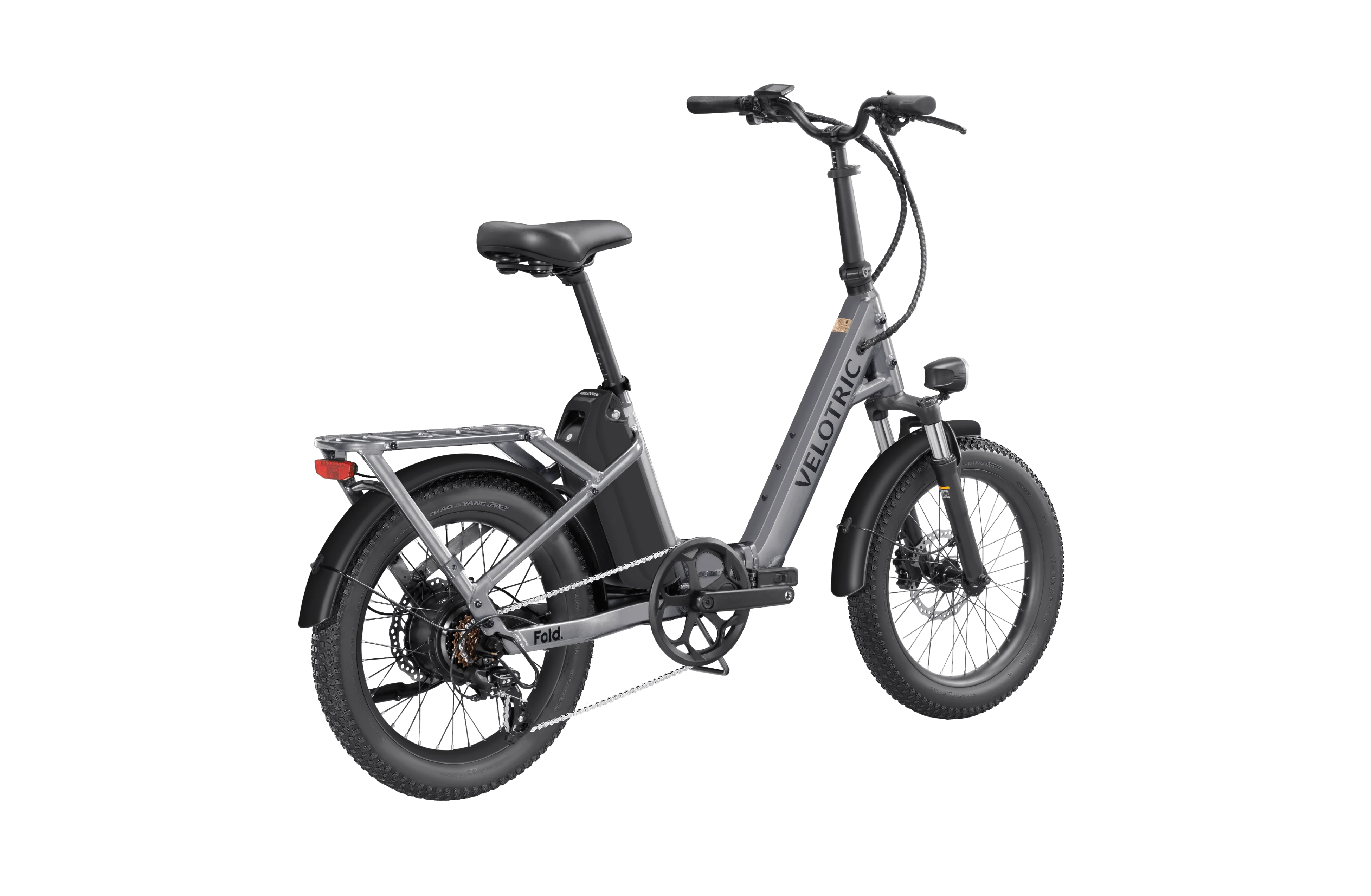 Velotric Fold 1 electric bike in Stone Gray, folded for compact storage, side view on a white background