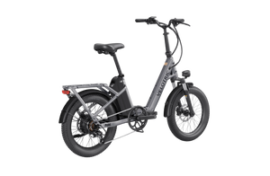 Velotric Fold 1 electric bike in Stone Gray, folded for compact storage, side view on a white background
