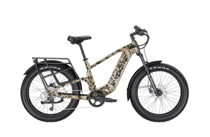 Velotric Nomad 2X High Step eBike in multi-terrain camo color, shown from the side on a white background