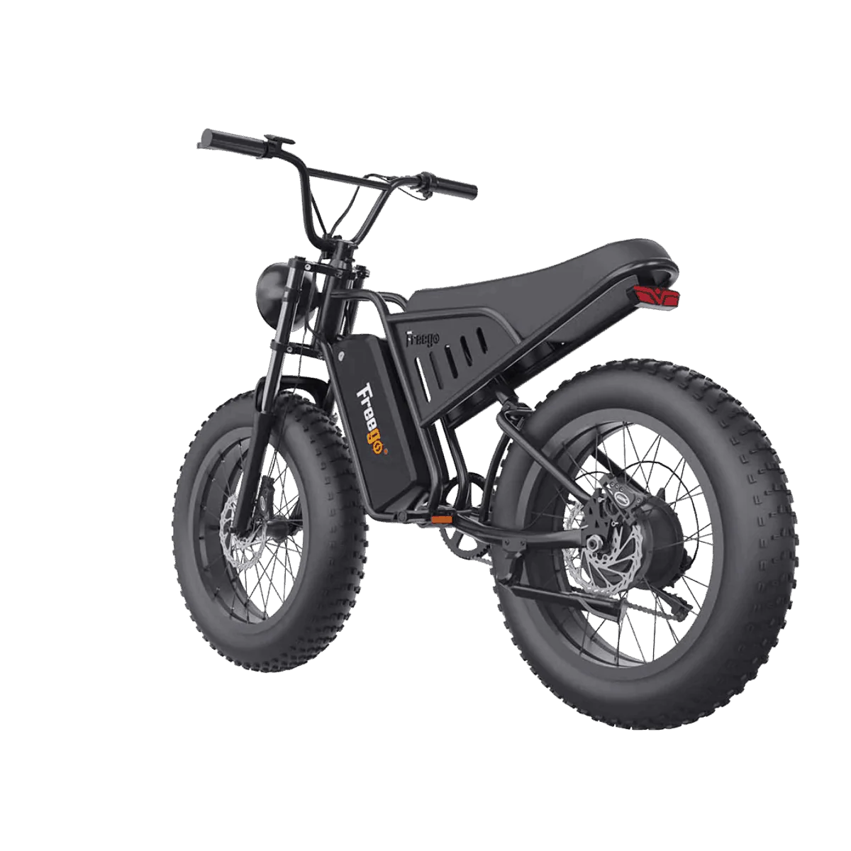 Side view of the Freego S1 Cafe Racer eBike in black, showcasing its retro-inspired frame, large tires, and brown leather seat against a plain background.