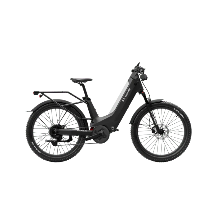 Silver Segway Xafari eBike side view, showcasing its sleek frame, wide tires, and integrated battery on a white background.