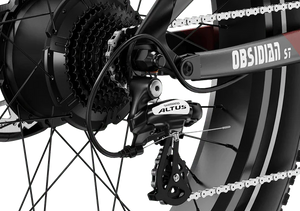 Black and red Mokwheel Obsidian ST eBike, side view, showcasing frame design and color scheme.