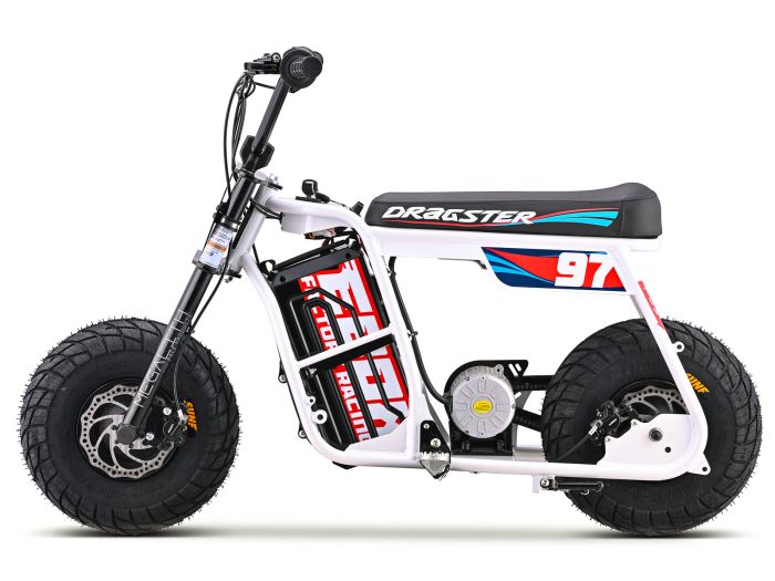 White eMOTO EBOX Dragster electric dirt bike, side view, on plain background