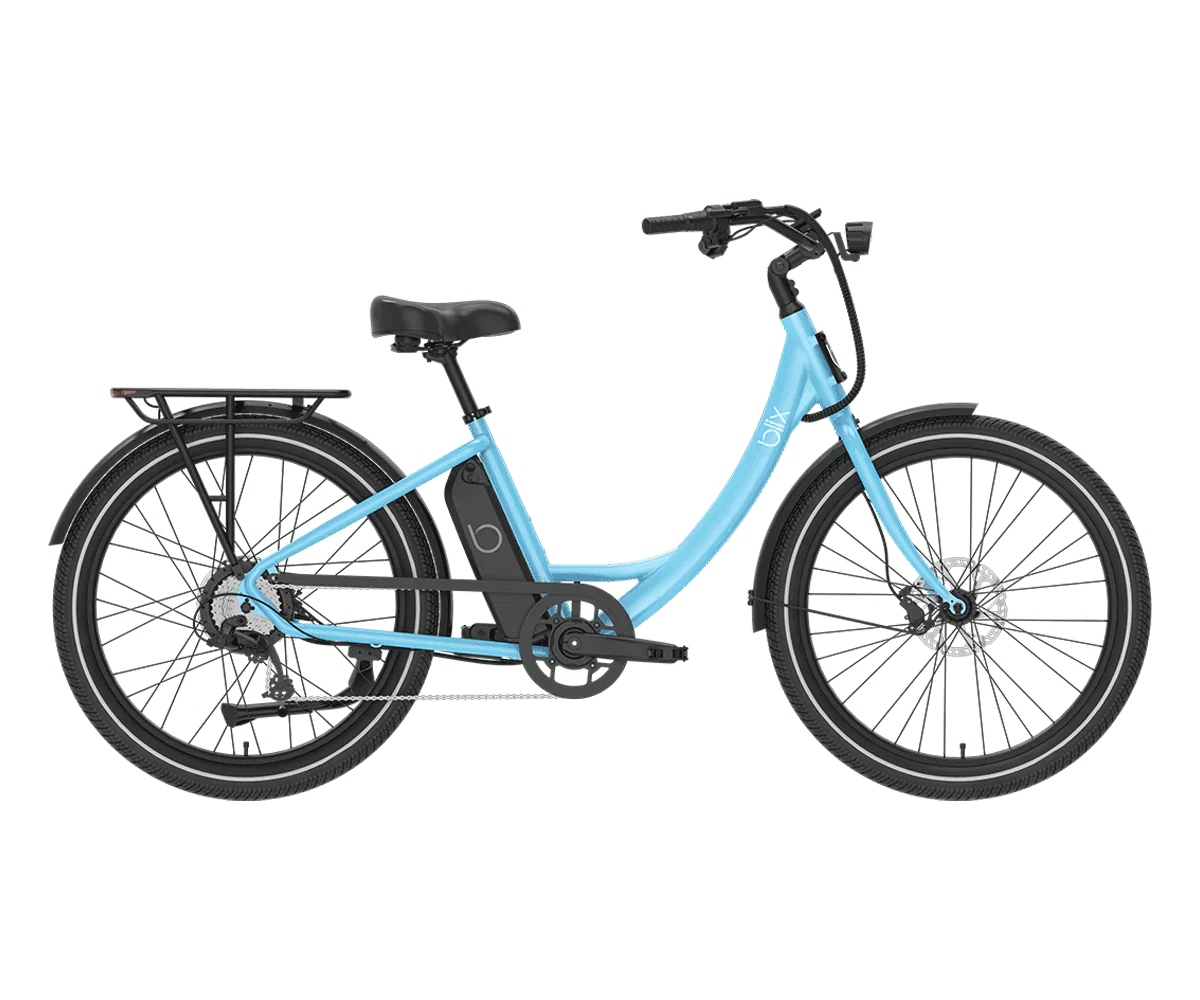Blix Sol X electric beach cruiser eBike in blue, step-over frame, 750W motor, commuter style, product image