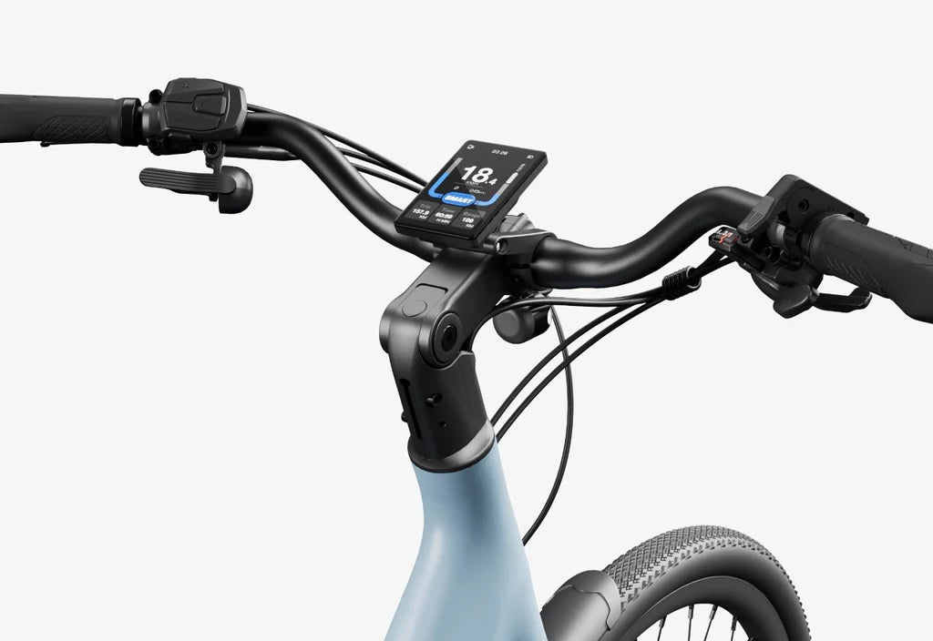 Side view of the Urtopia Carbon Classic Step Thru eBike in Glacier Blue, showcasing its lightweight carbon frame, step-through design, and sleek modern styling.