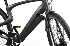 Side view of the Urtopia Carbon 1 Pro eBike in matte black, showcasing its sleek carbon fiber frame, integrated display, and minimalist design against a plain background.