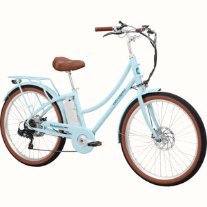 Retrospec Beaumont Rev 3 eBike in Larimar color, side view, showing step-through frame, rear rack, and front basket