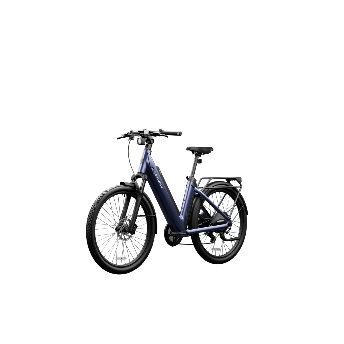 Blue suede shoe displayed on the Segway Myon eBike, product image showcasing side profile.
