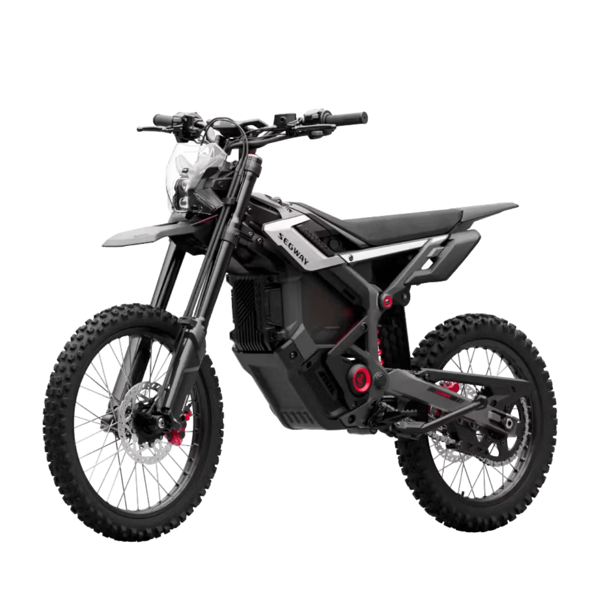 Black Segway Xaber 300 electric motorcycle, side view, with rugged tires and modern design, displayed on a white background.